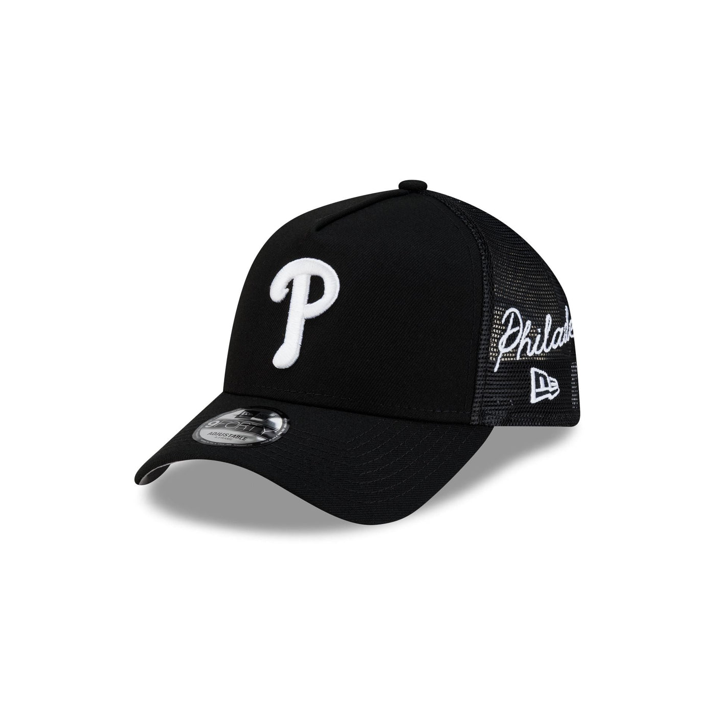 Philadelphia Phillies Side Script Black 9FORTY A-Frame Trucker Hat