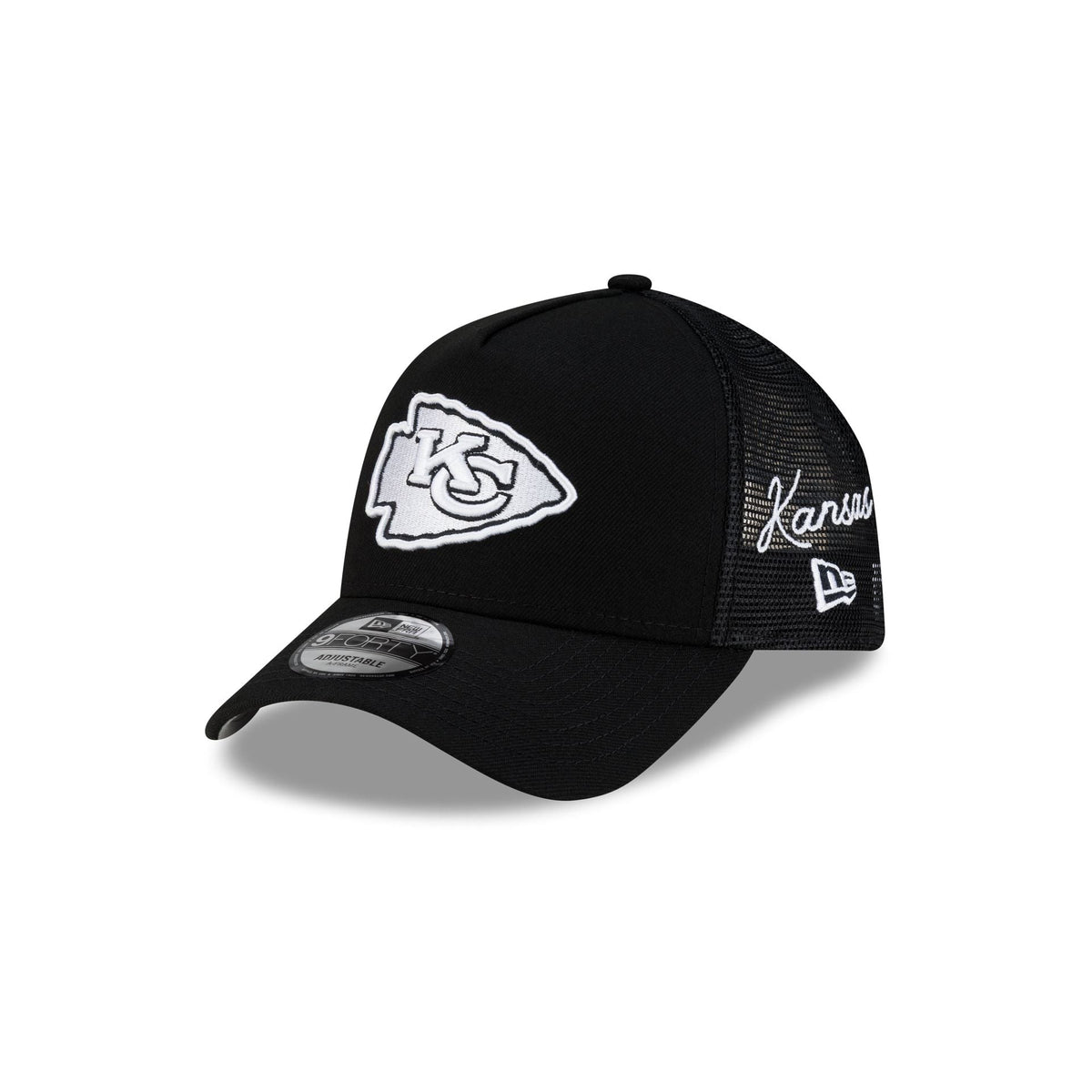Kansas City Chiefs Side Script Black 9FORTY A-Frame Trucker Hat