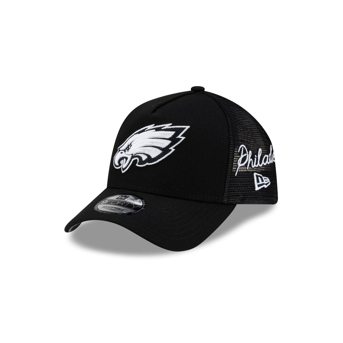 Philadelphia Eagles Side Script Black 9FORTY A-Frame Trucker Hat