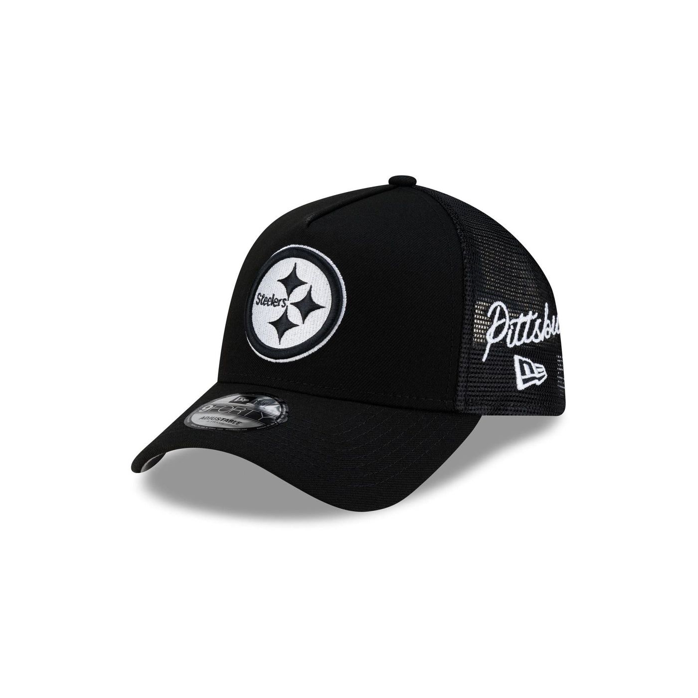 Pittsburgh Steelers Side Script Black 9FORTY A-Frame Trucker Hat
