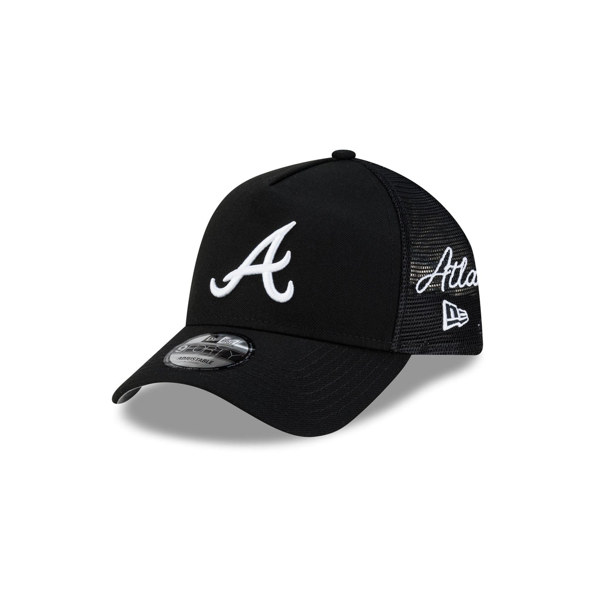 Atlanta Braves Side Script Black 9FORTY A-Frame Trucker Hat