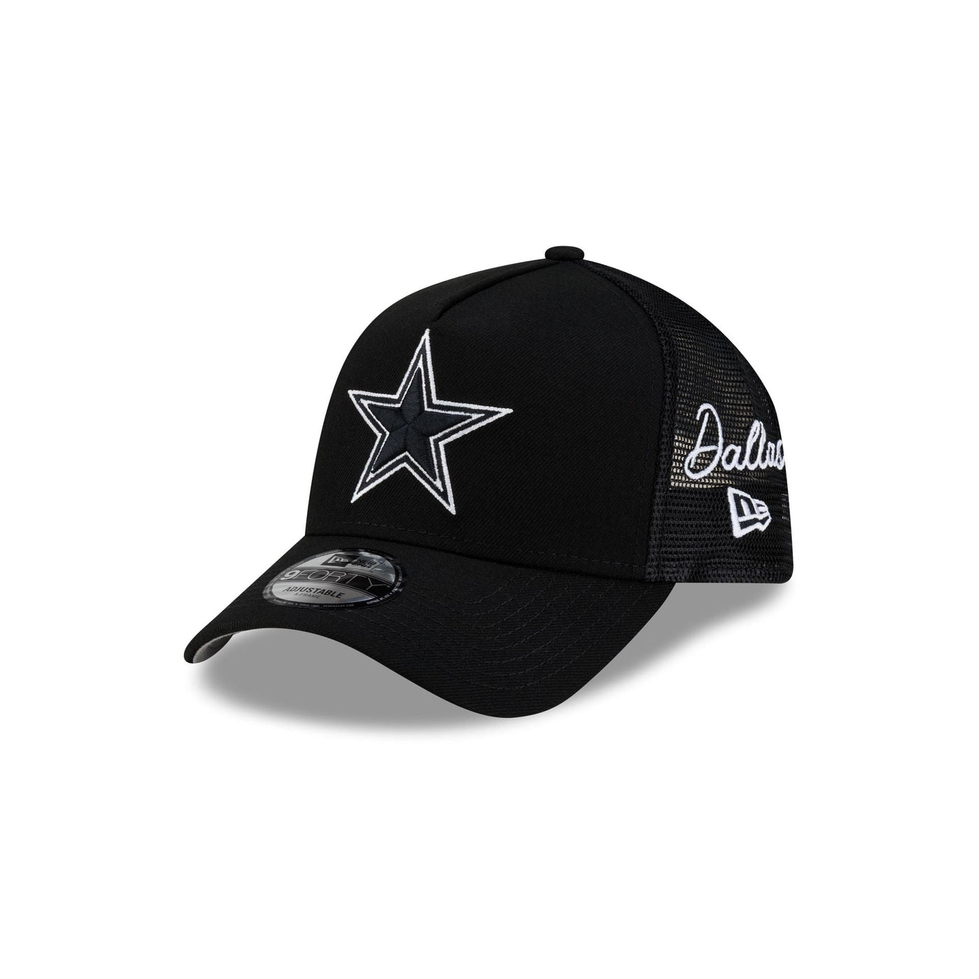 Dallas Cowboys Side Script Black 9FORTY A-Frame Trucker Hat