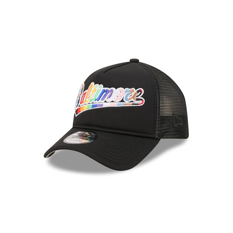 Baltimore Orioles Rainbow Wordmark 9FORTY A-Frame Trucker Hat