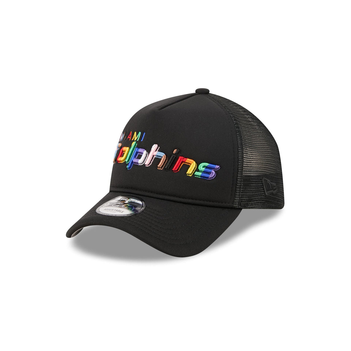 Miami Dolphins Rainbow Wordmark 9FORTY A-Frame Trucker Hat