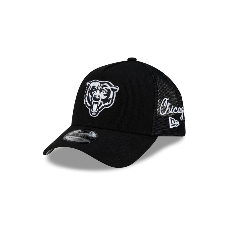 Chicago Bears Side Script Black 9FORTY A-Frame Trucker Hat