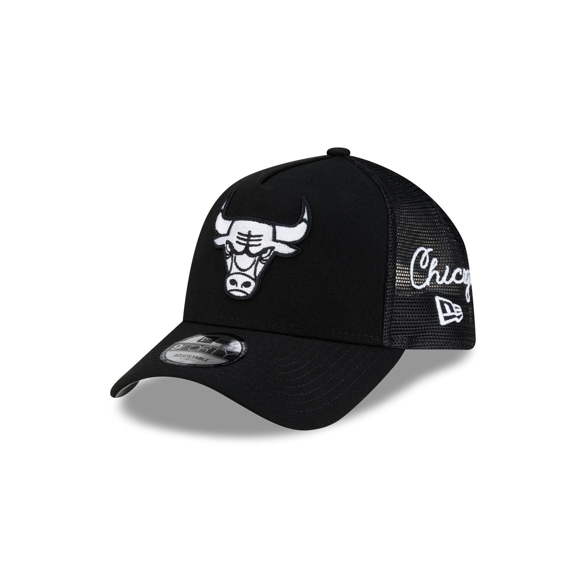 Chicago Bulls Side Script Black 9FORTY A-Frame Trucker Hat