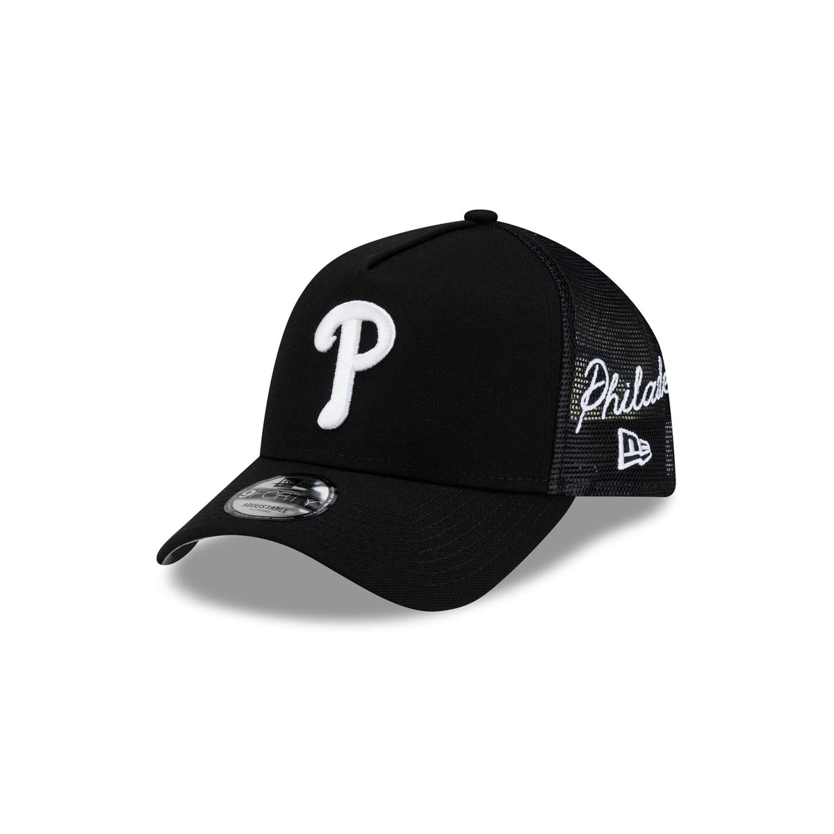 Philadelphia Phillies Side Script Black 9FORTY A-Frame Trucker Hat