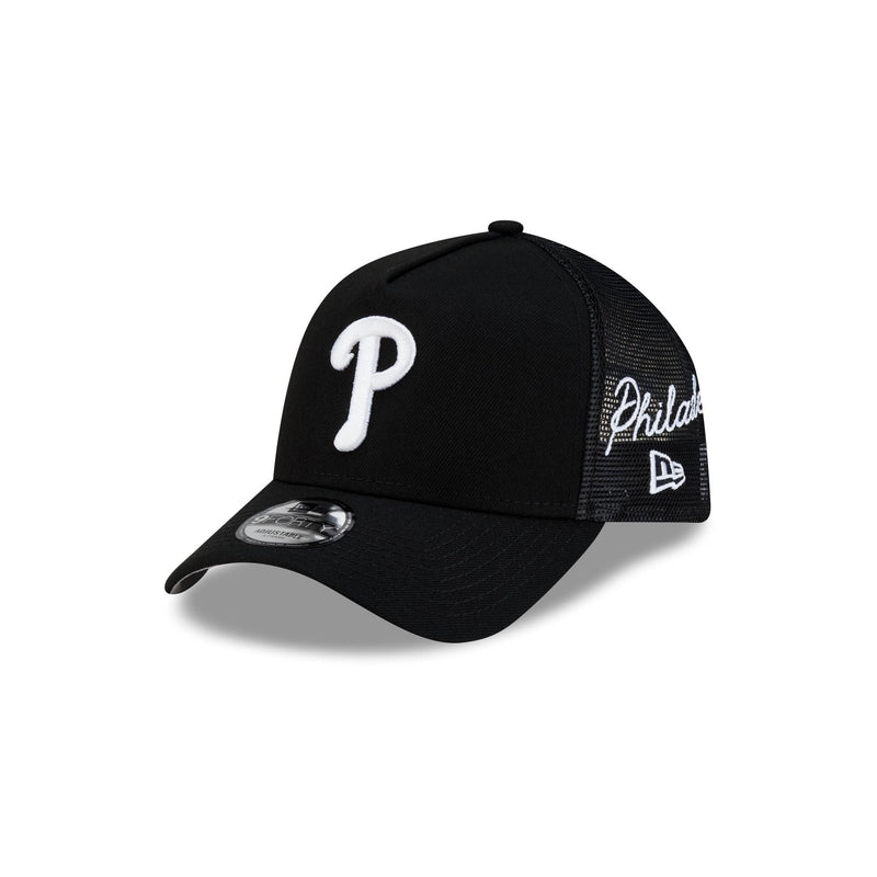 Philadelphia Phillies Side Script Black 9FORTY A-Frame Trucker Hat