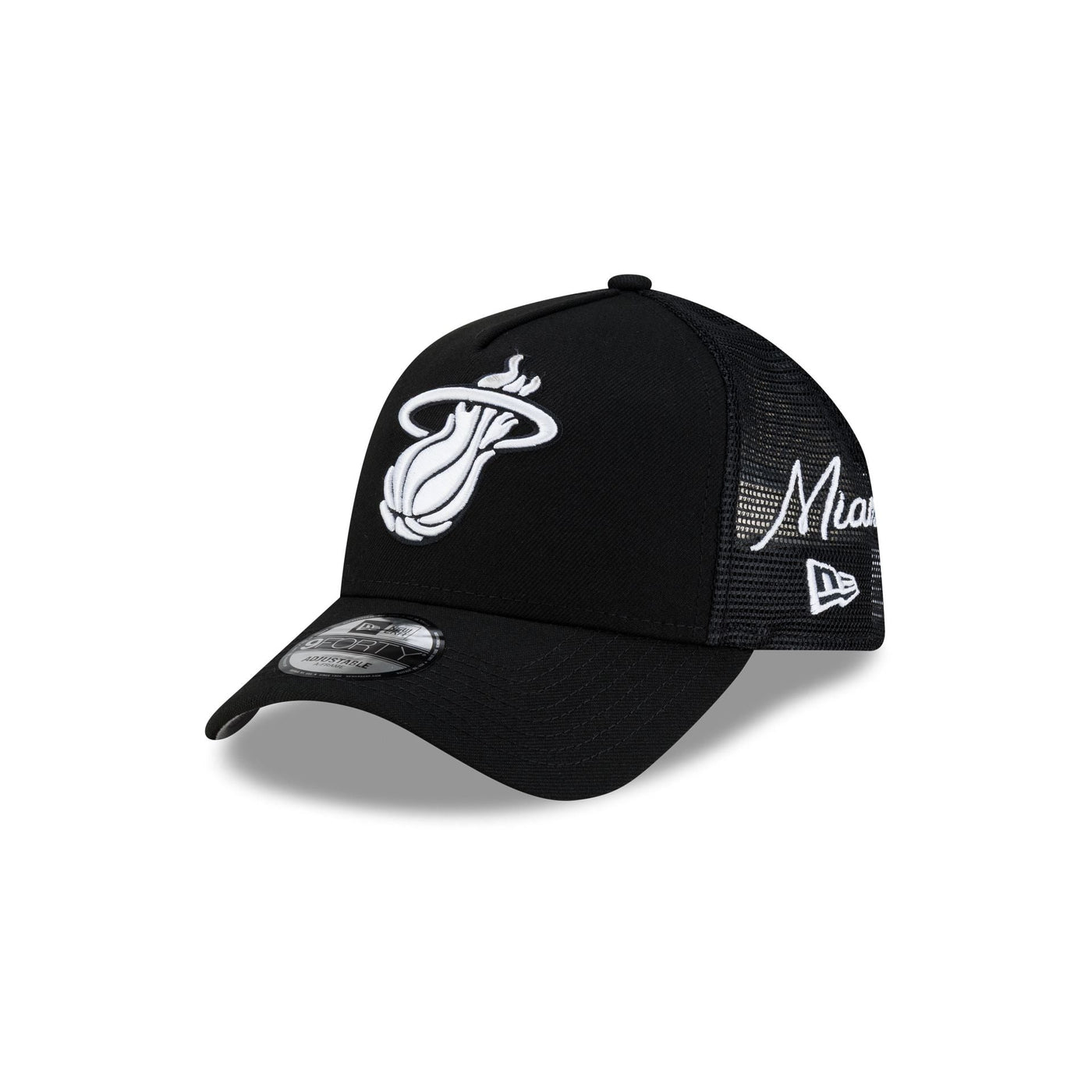 Miami Heat Side Script Black 9FORTY A-Frame Trucker Hat