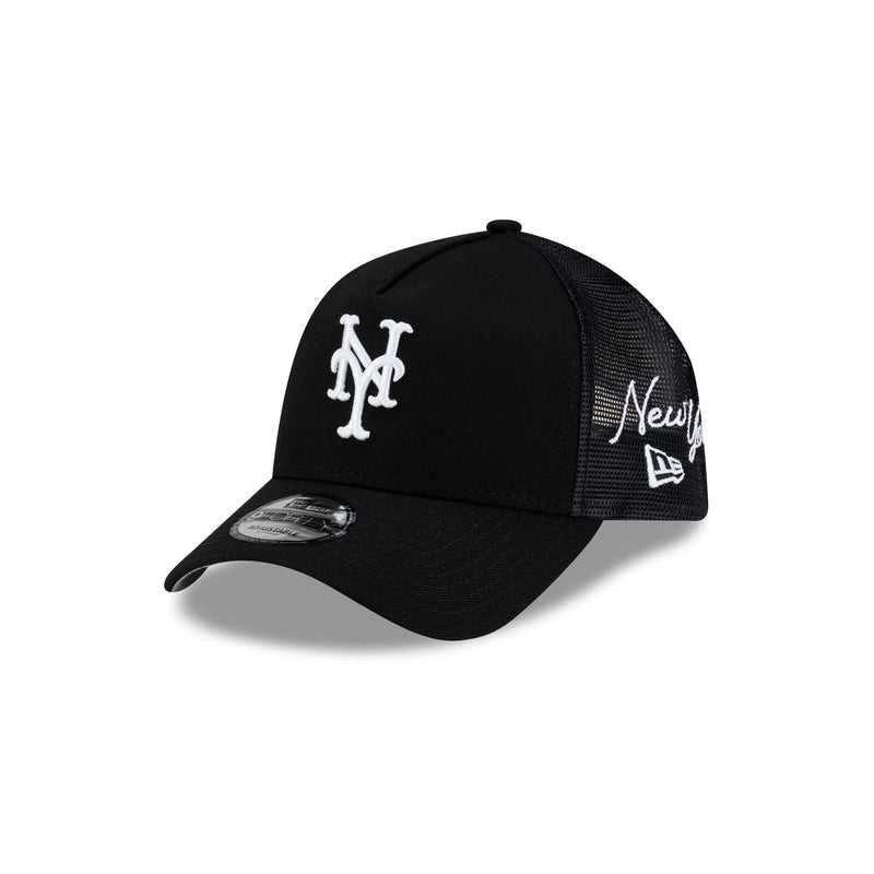 New York Mets Side Script Black 9FORTY A-Frame Trucker Hat