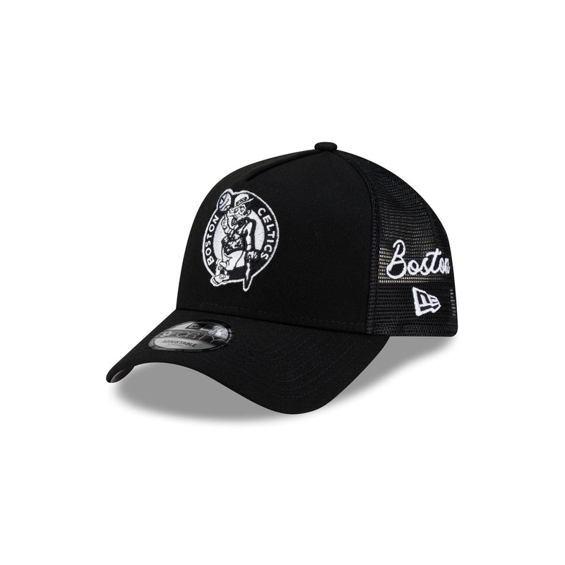 Boston Celtics Side Script Black 9FORTY A-Frame Trucker Hat