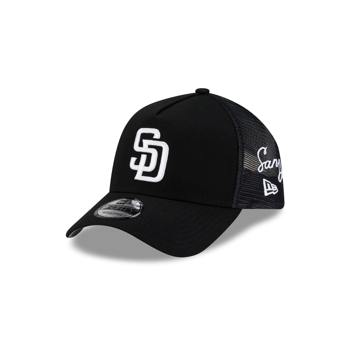 San Diego Padres Side Script Black 9FORTY A-Frame Trucker Hat