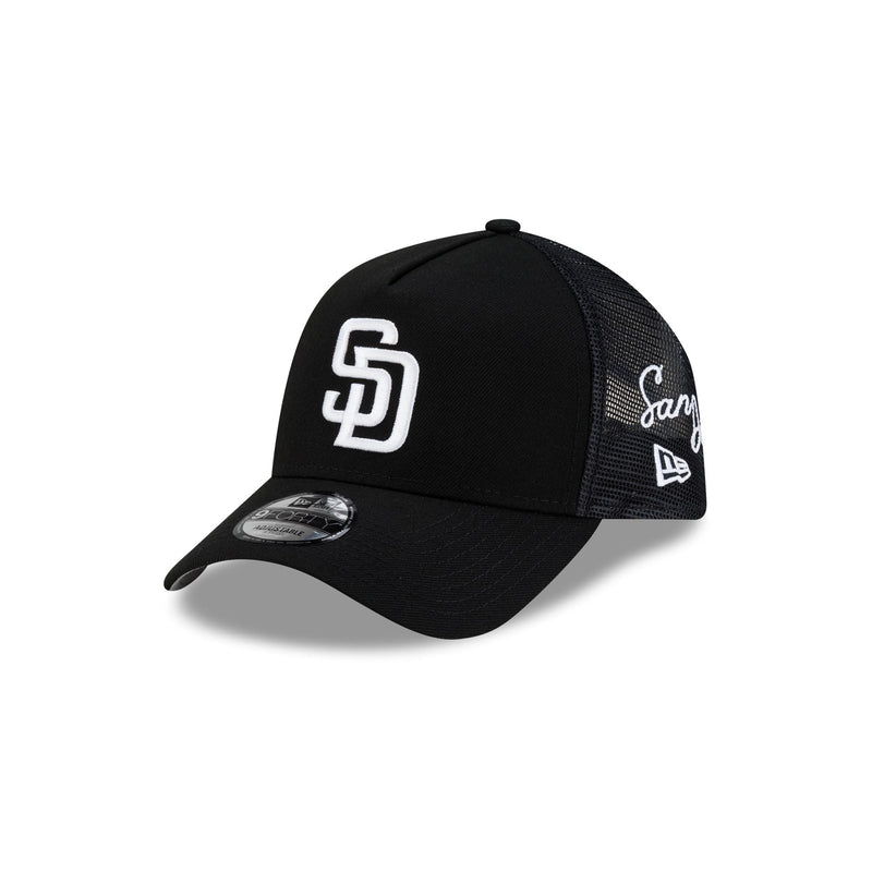 San Diego Padres Side Script Black 9FORTY A-Frame Trucker Hat