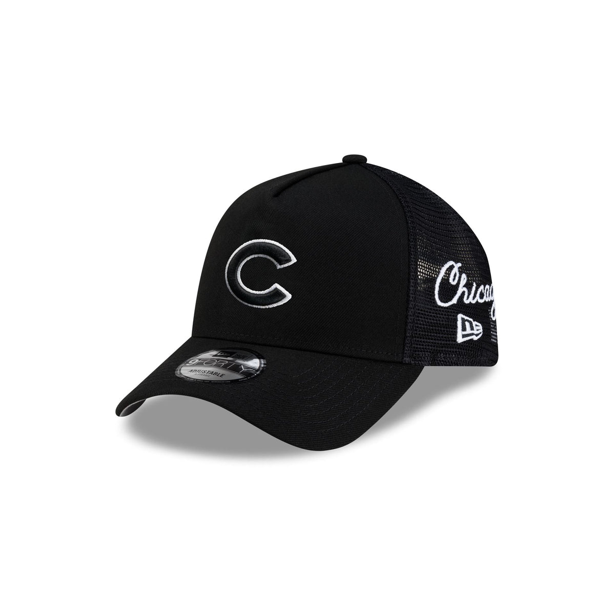 Chicago Cubs Side Script Black 9FORTY A-Frame Trucker Hat