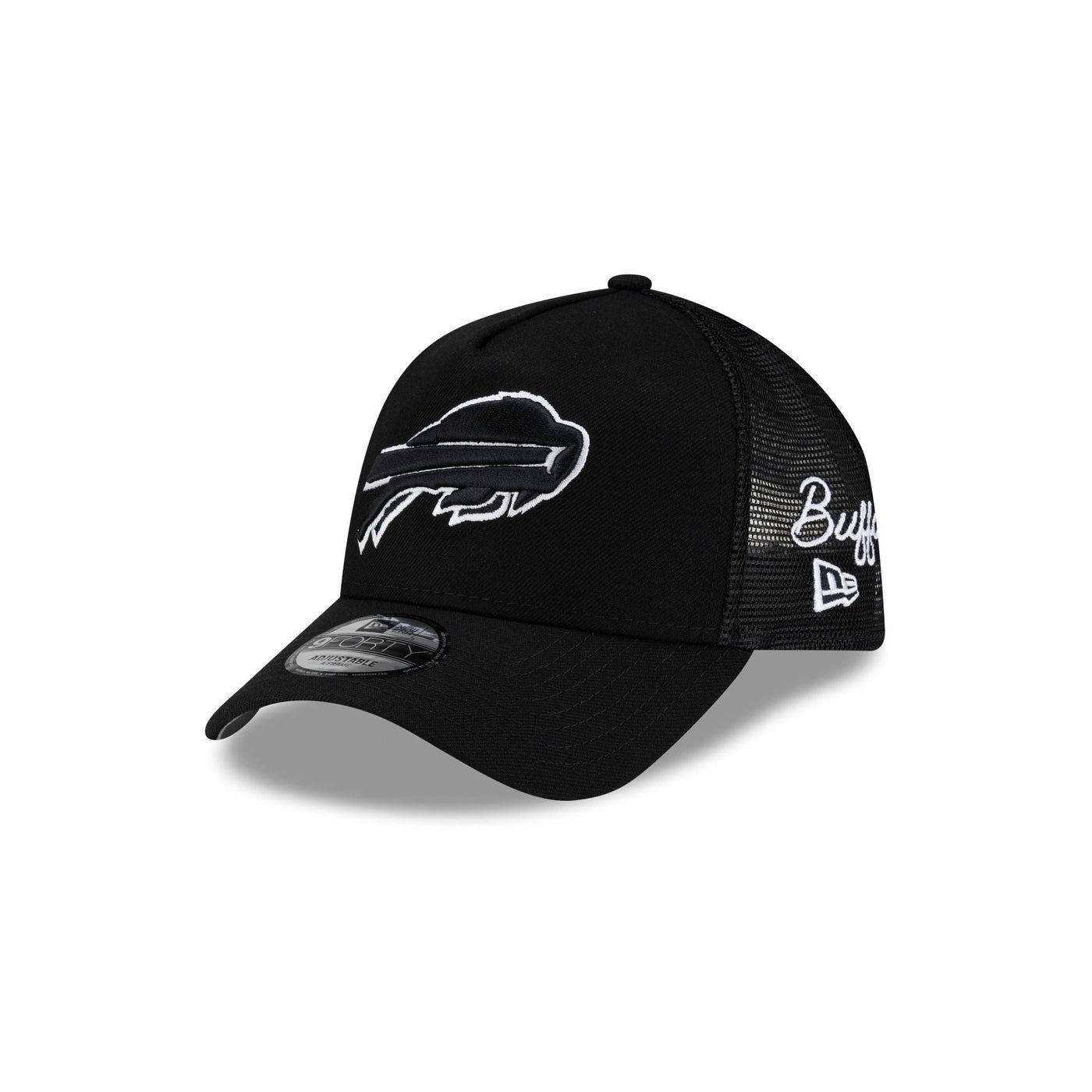 Buffalo Bills Side Script Black 9FORTY A-Frame Trucker Hat