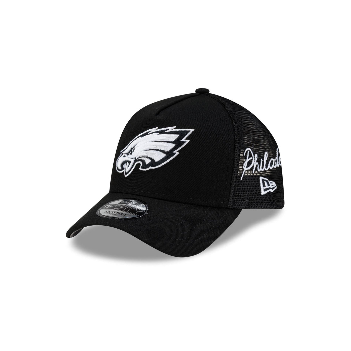 Philadelphia Eagles Side Script Black 9FORTY A-Frame Trucker Hat
