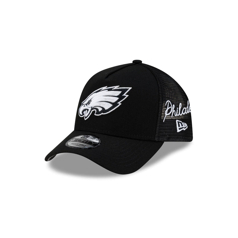 Philadelphia Eagles Side Script Black 9FORTY A-Frame Trucker Hat