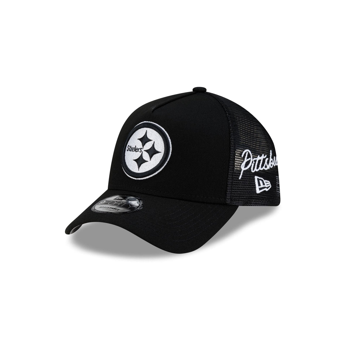 Pittsburgh Steelers Side Script Black 9FORTY A-Frame Trucker Hat