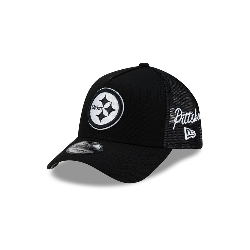 Pittsburgh Steelers Side Script Black 9FORTY A-Frame Trucker Hat
