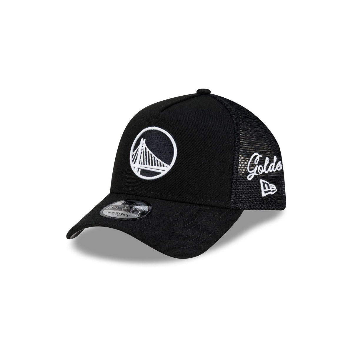 Golden State Warriors Side Script Black 9FORTY A-Frame Trucker Hat