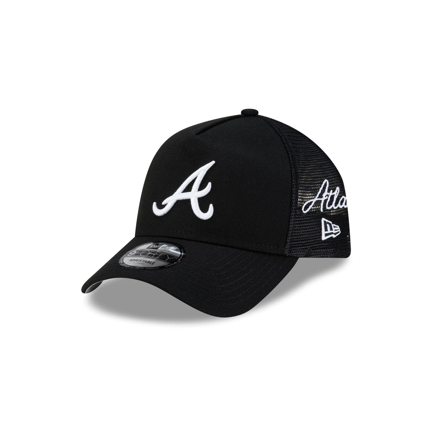 Atlanta Braves Side Script Black 9FORTY A-Frame Trucker Hat