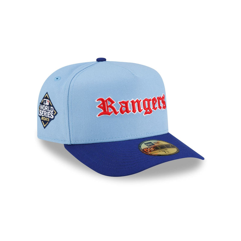 Just Caps Gothic Script Texas Rangers 59FIFTY A-Frame Fitted Hat